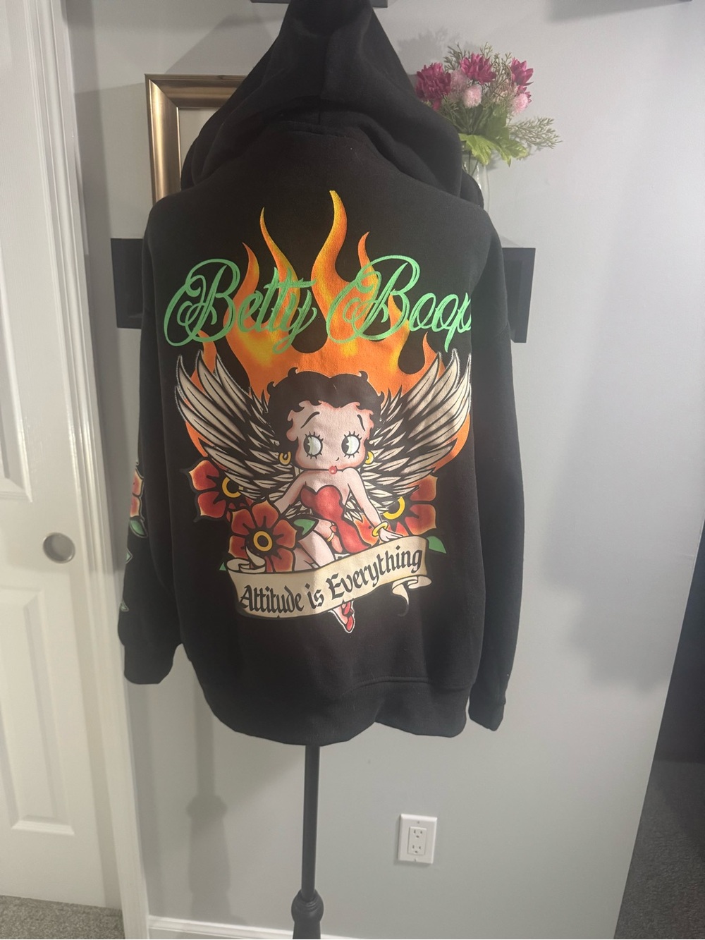 Fleischer Studios Betty Boop Black Hoodie with Multicolor Flame & Wing Graphic